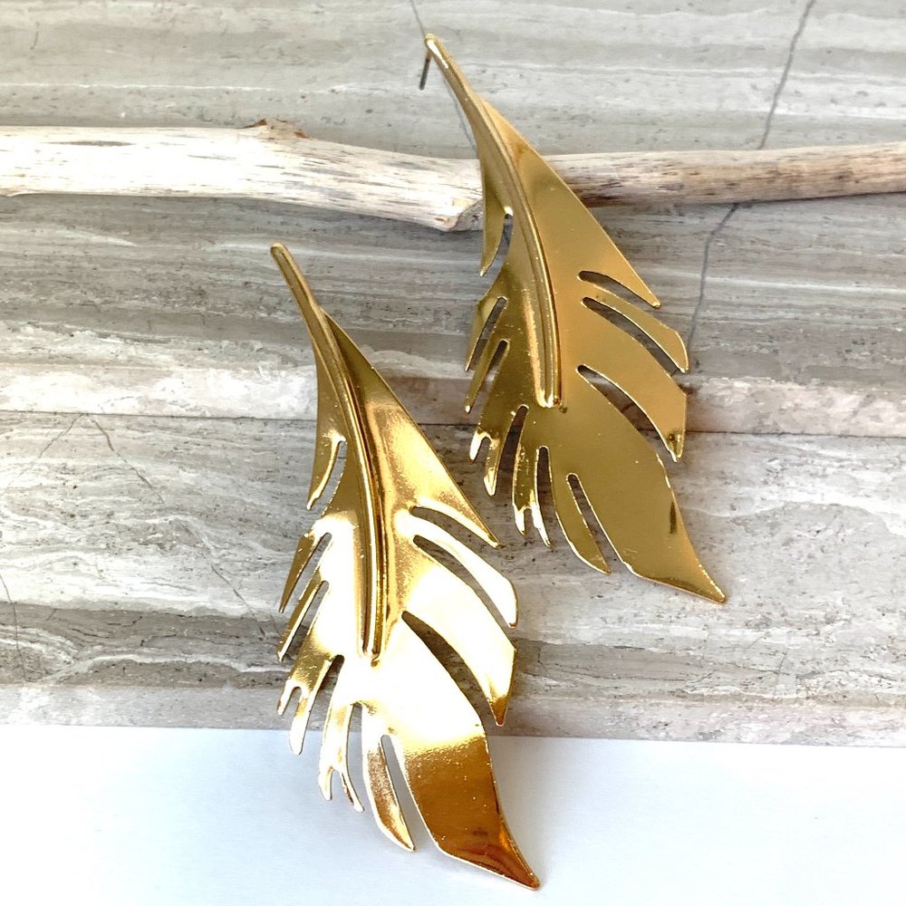 NEW~ Anthropologie Long Gold Metal Feather Earrings